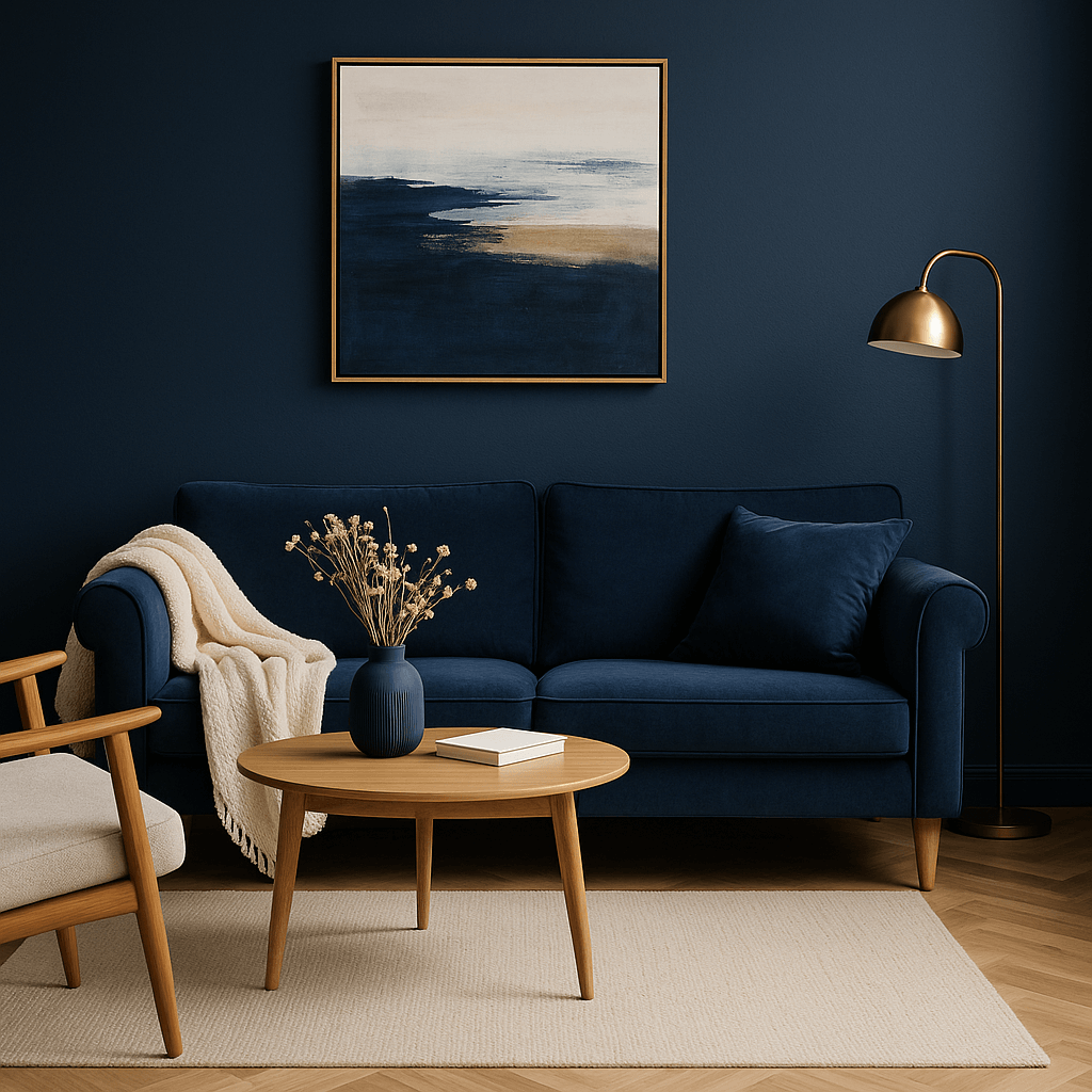 Canapé bleu foncé avec coussins, table ronde en bois et lampe dorée dans une pièce sombre.