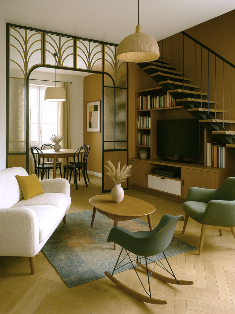 Salon moderne avec un canapé blanc, une table ronde et des étagères en bois.