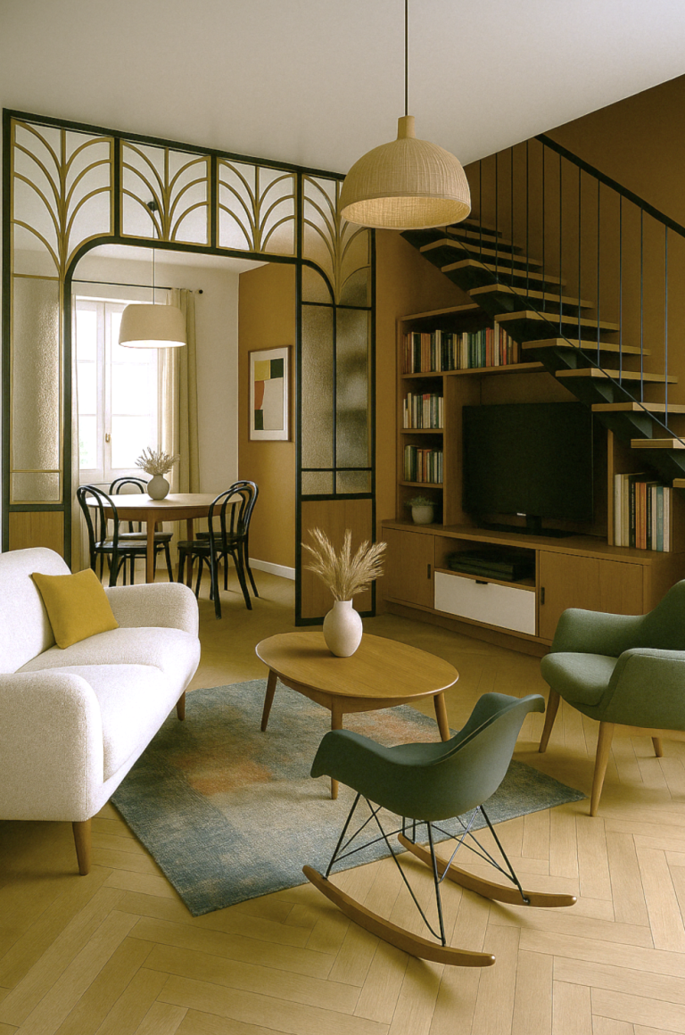 Salon moderne avec canapés, tables, et un escalier élégant dans des tons marron.