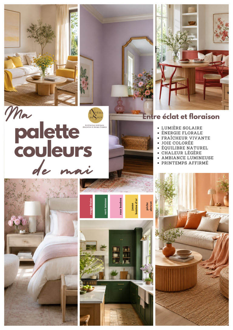 Collage de décors intérieurs avec une palette de couleurs variées pour mai.