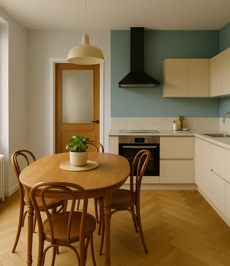 Cuisine moderne avec un table en bois, chaises, plante et accessoires minimalistes.