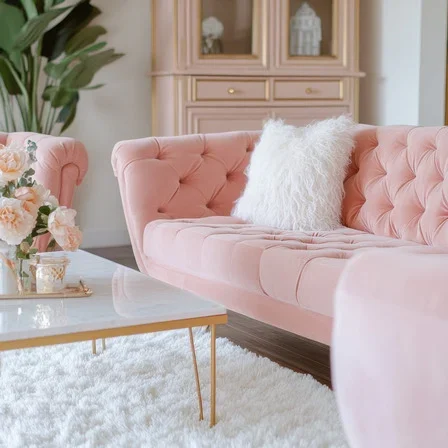 Canapé rose élégant avec coussin en fourrure, table basse en marbre et fleurs.