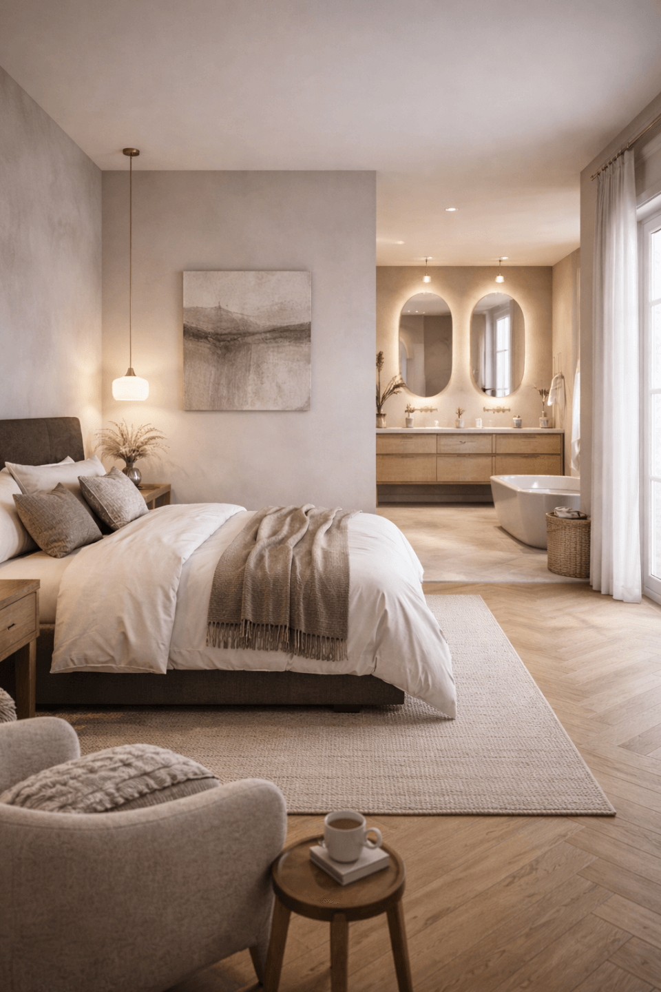 Chambre à coucher moderne avec lit, fauteuil et salle de bains en enfilade.