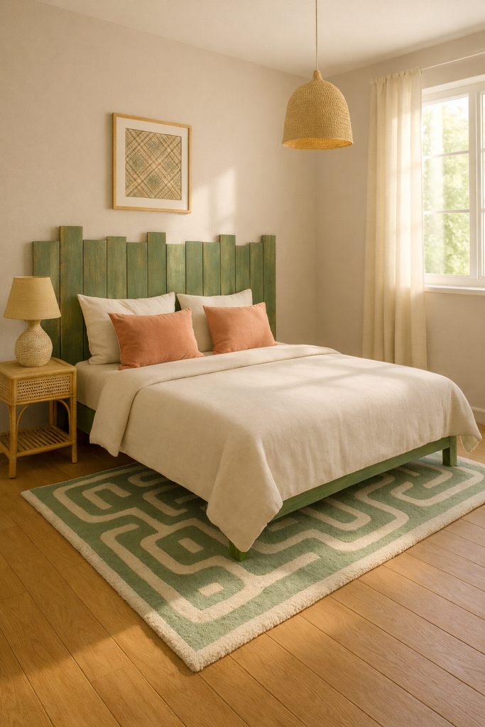 Chambre lumineuse avec un lit double, coussins roses et un tapis vert.