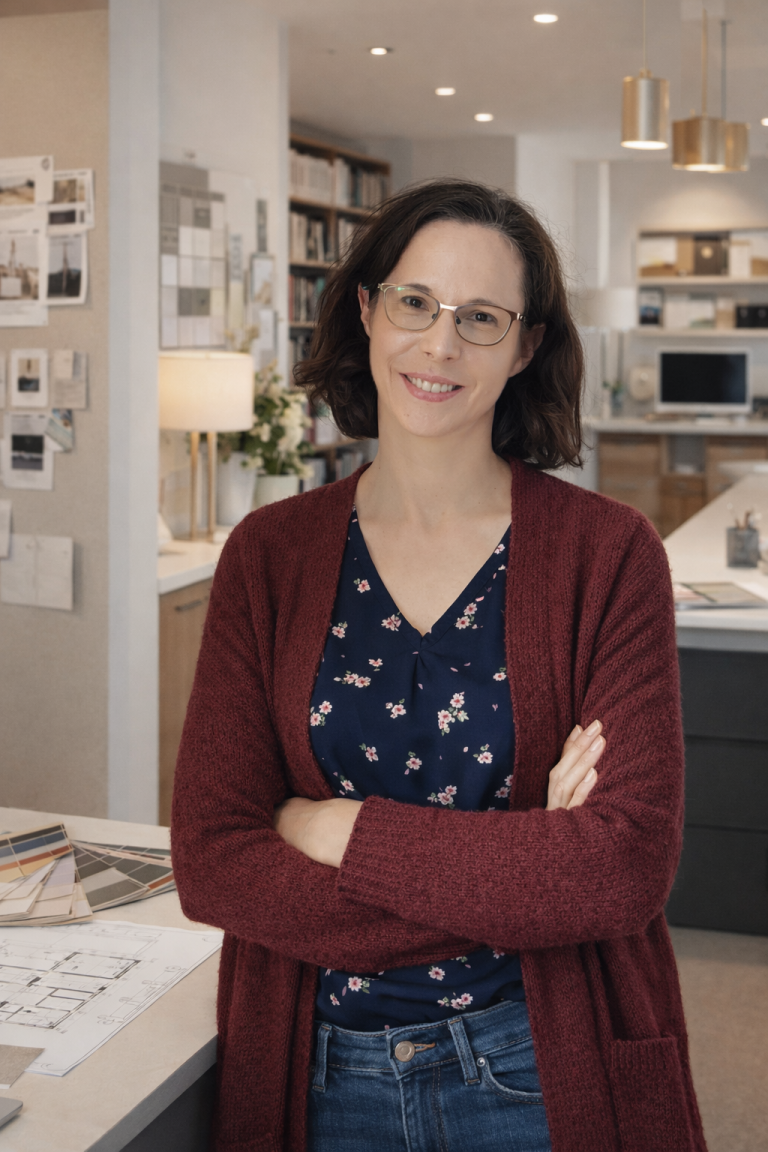 Femme souriante avec des lunettes, vêtue d'un cardigan rouge dans un intérieur moderne.