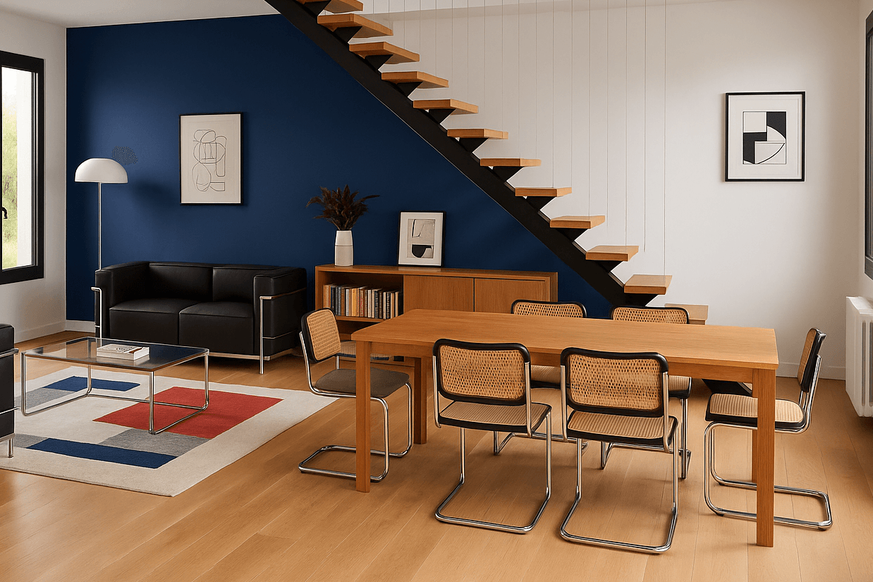 Intérieur moderne avec un salon, une salle à manger en bois et un escalier.