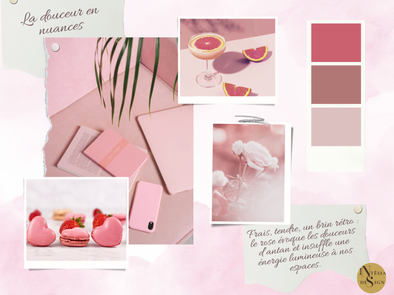 Mélange de teintes roses, fruits, fleurs et objets de décoration.