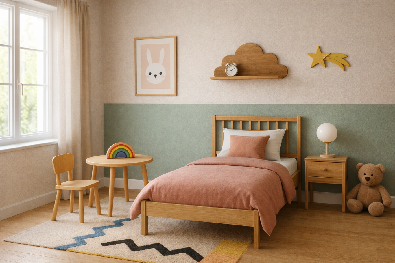Chambre d'enfant inspiration scandinave Chambre d'enfant avec lit, bureau, chaise, et décorations murales ludiques.