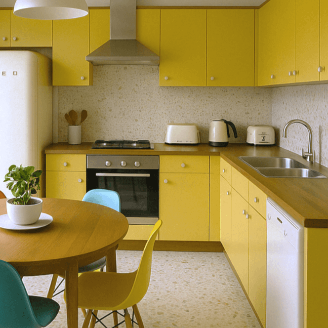 Illustration projet conception - Intësia Design Vertou Cuisine moderne aux meubles jaunes, table ronde et appareils électroménagers blancs.