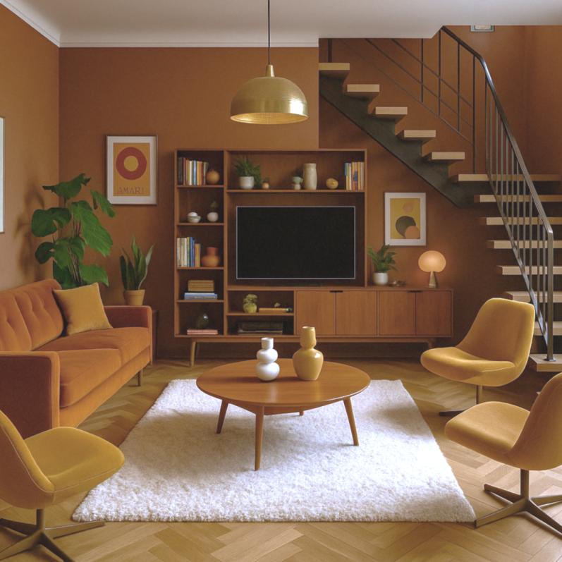 Salon moderne aux murs orange, mobilier rétro, télévision, plante et escalier en bois.