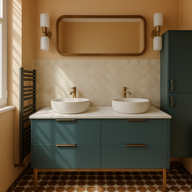 Salle de bain moderne avec double vasque, miroir et éclairage élégant sur fond orangé.