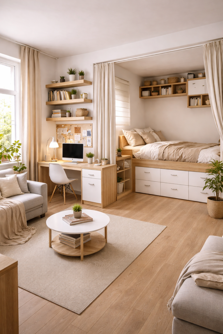 Chambre lumineuse avec un lit surélevé, un bureau et des étagères en bois.