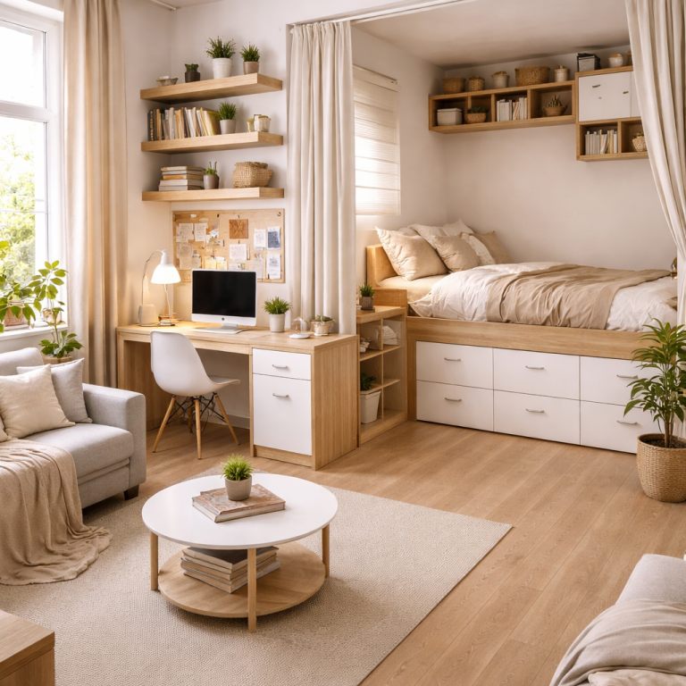 Chambre moderne avec lit surélevé, bureau, plantes et décor minimaliste.