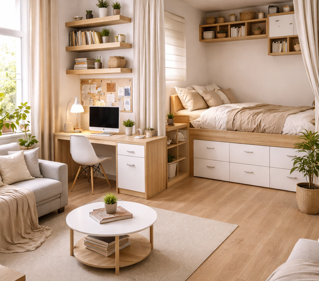 Chambre moderne et lumineuse avec lit surélevé, bureau, et salon cosy.