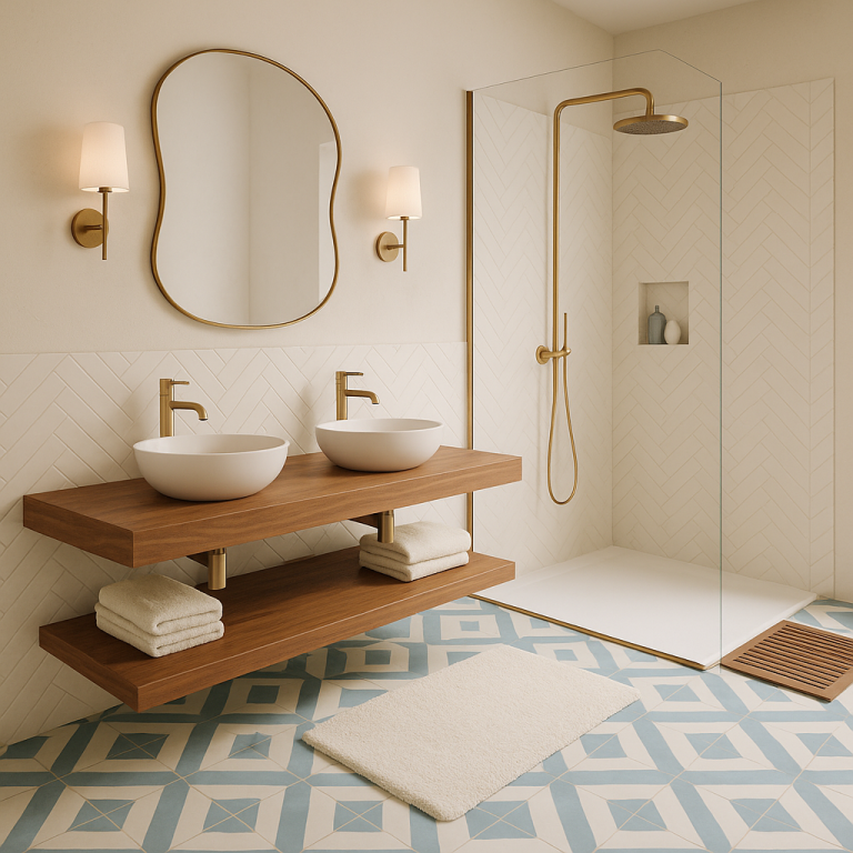 Salle de bain moderne avec deux vasques, douche vitrée et motif de carreaux au sol.