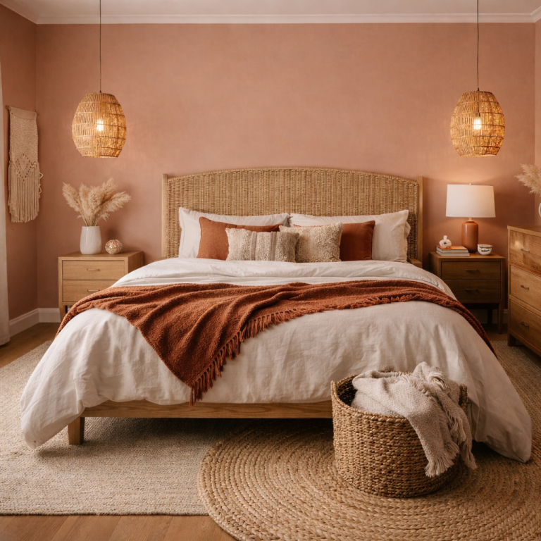 Aménagement chambre esprit bohème - Intësia Design Vertou Chambre chaleureuse avec lit, tapis en jute et lumières suspendues en osier.