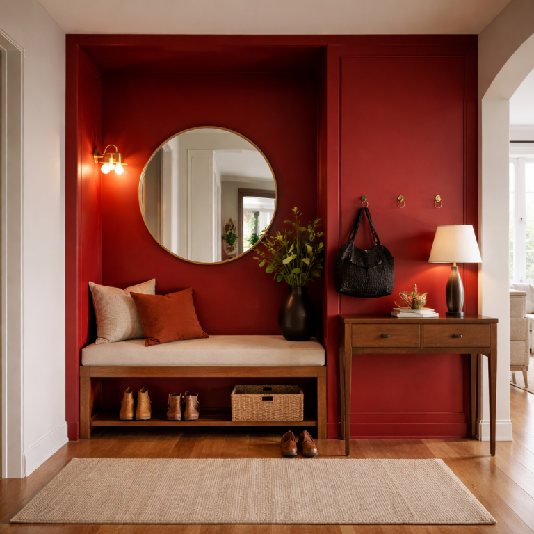 Entrée chaleureuse et dynamique - Intësia Design Nantes Entrée chaleureuse avec un banc, un miroir rond et des accents rouges.