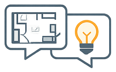 Plan de pièce avec une ampoule symbolisant des idées ou des conseils d'aménagement.