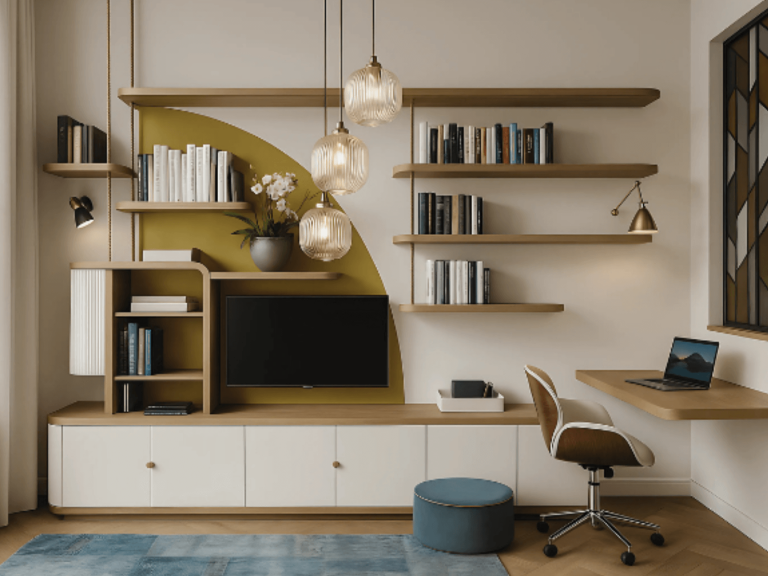 Intérieur moderne avec étagères, TV, bureau et décoration minimaliste.