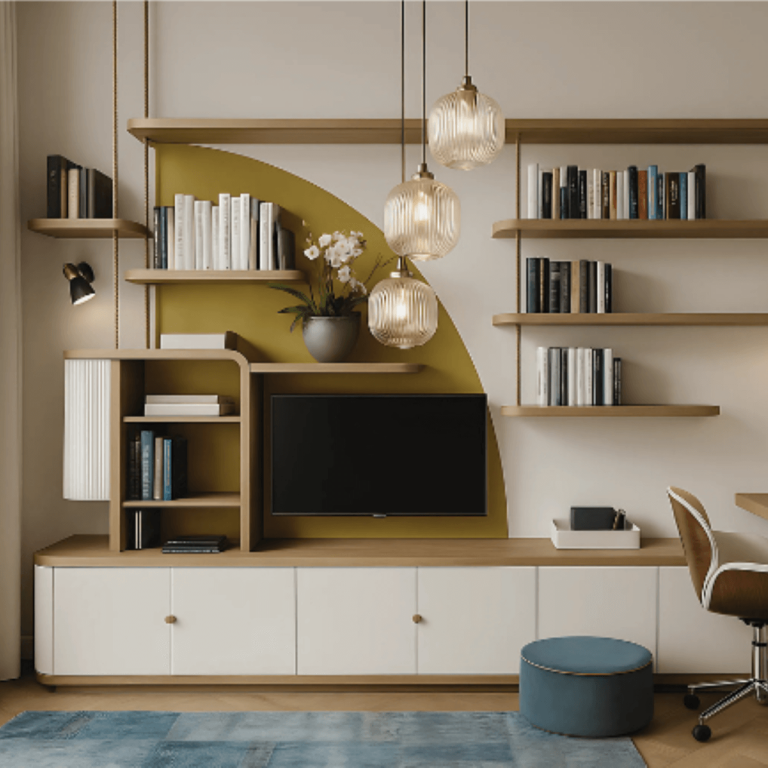 Illustration projet clé en main - Intësia Design Vertou Intérieur moderne avec un meuble TV, étagères, plantes et luminaires suspendus.