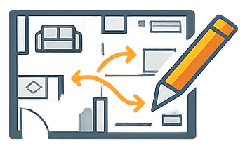 Plan d'étage avec flèches et crayon, illustrant la réorganisation de l'espace.