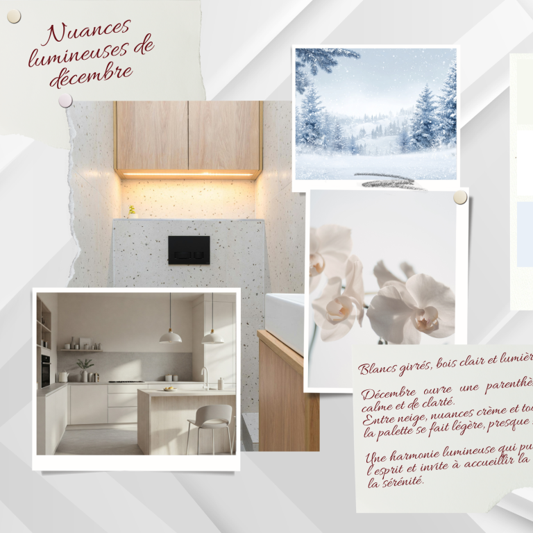 Collage de décors d'intérieur enneigés et floraux avec notes manuscrites.