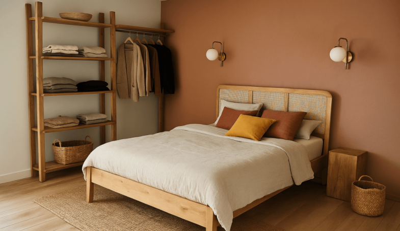 Aménagement chambre esprit bohème - Intësia Design Vertou Chambre minimaliste avec lit en bois, murs roses et étagère en bambou.