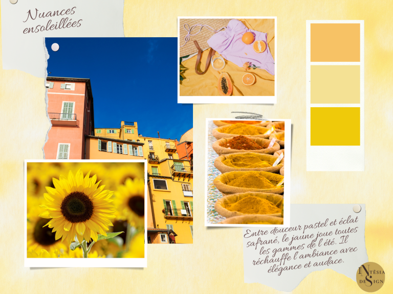 Fleurs de tournesols, bâtiments colorés, échantillons de couleurs et d'épices.