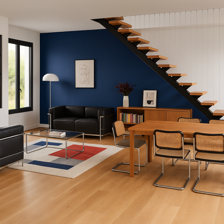 Salon moderne avec canapé noir, table en bois et escalier en bois sur fond bleu.