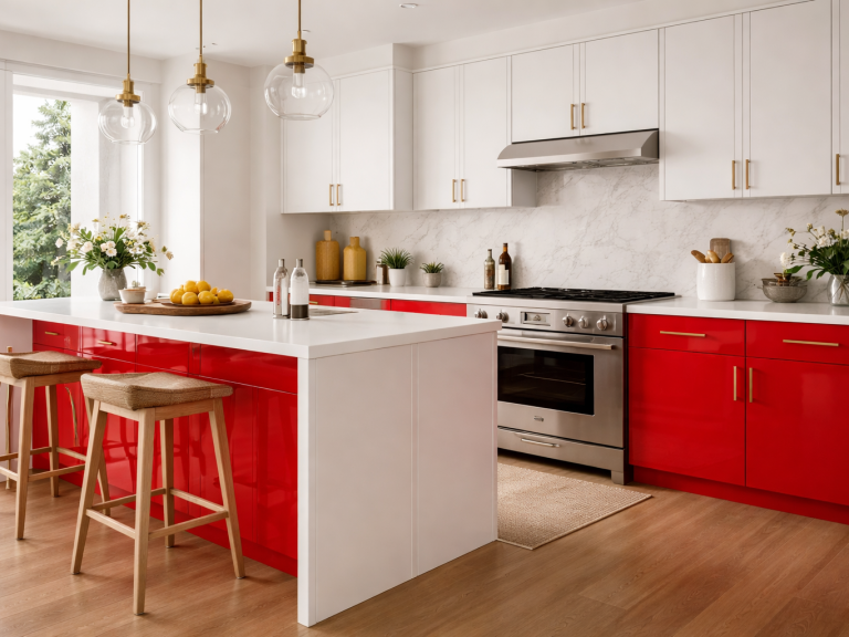 Cuisine moderne aux tons rouge coquelicot - Intësia Design Nantes Cuisine moderne avec des armoires rouges et un îlot central en marbre. Bar avec des tabourets en bois.