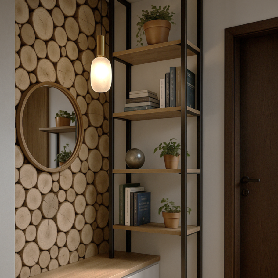 Étagères en bois avec plantes, miroir rond et mur décoré de rondins.