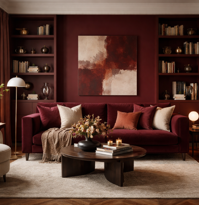 Aménagement salon rouge lie-de-vin - Intësia Design Rezé Salon élégant avec canapé bordeaux, coussins assortis et décoration murale moderne.