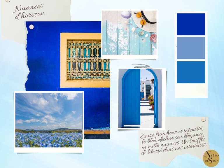 Palette de bleu avec motifs artistiques, fleurs et portes arques sur fond clair.