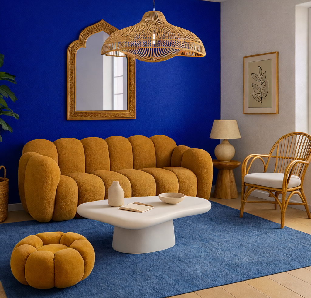 Canapé en velours orange, table basse blanche, tapis bleu et décoration moderne.