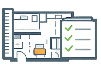 Plan d'un appartement avec des meubles et une liste de vérification.