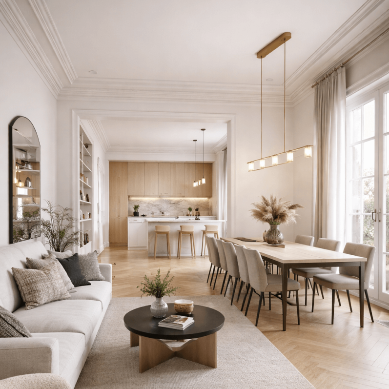 Salon moderne lumineux avec table à manger et cuisine ouverte. Décor élégant et épuré.