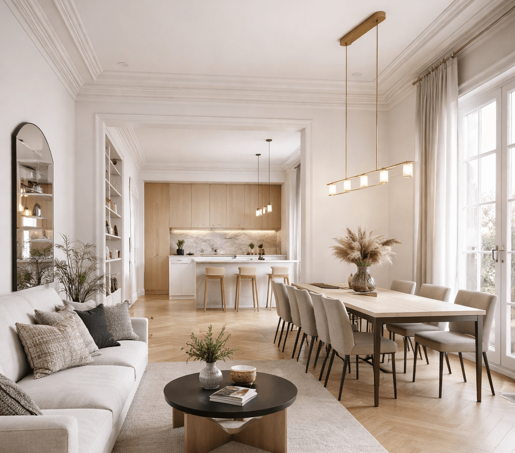 Salon moderne avec un canapé blanc, table à manger en bois et cuisine ouverte.