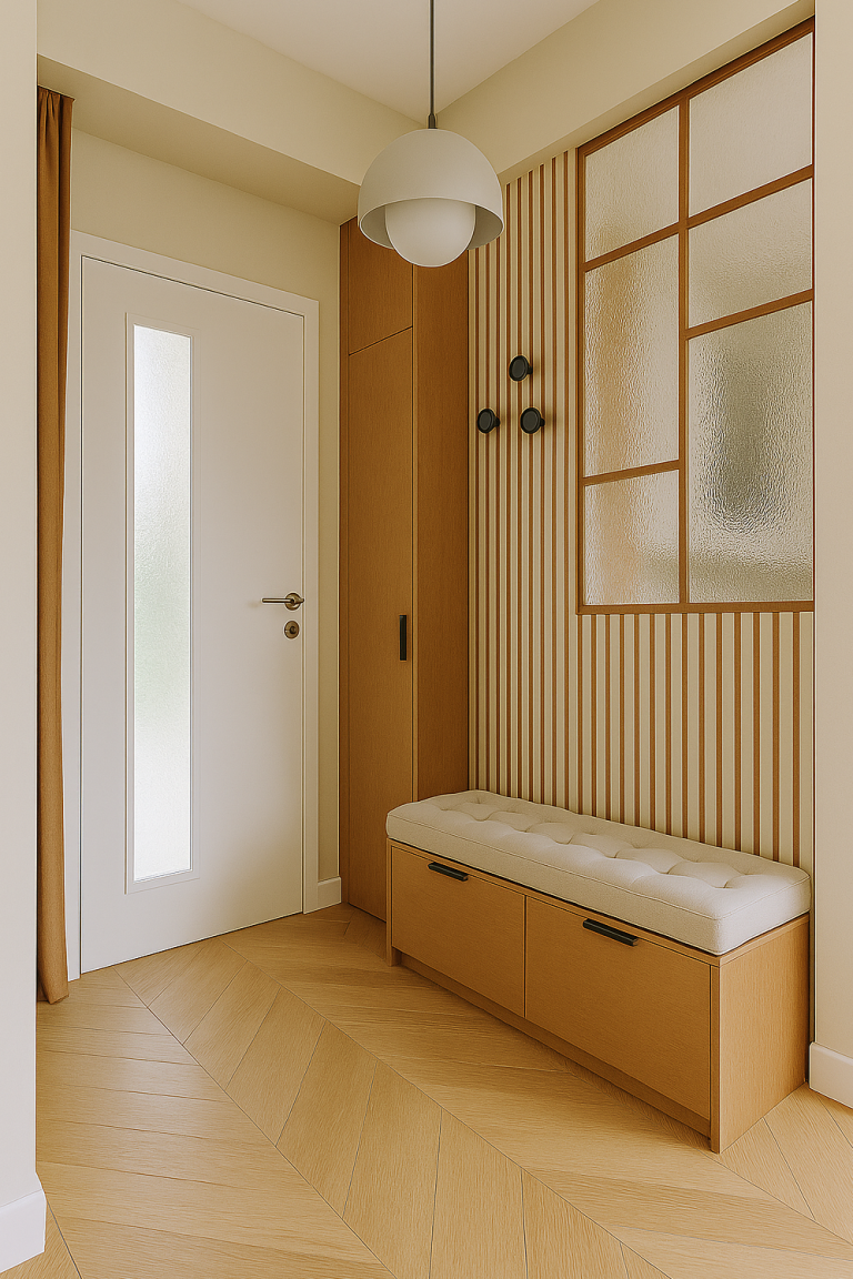 Mur beige avec porte blanche, banc intégré et luminaire suspendu, ambiance moderne et chaleureuse.