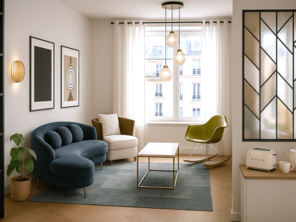 Aménagement espace salon esprit rétro chic parisien - Projet Intësia Design Un salon lumineux avec un canapé bleu, fauteuils, une table et des plantes décoratives.