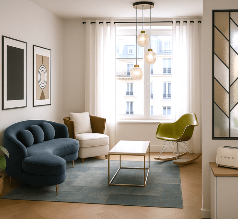 Salon moderne avec un canapé bleu, fauteuil beige, tapis et lumière naturelle.