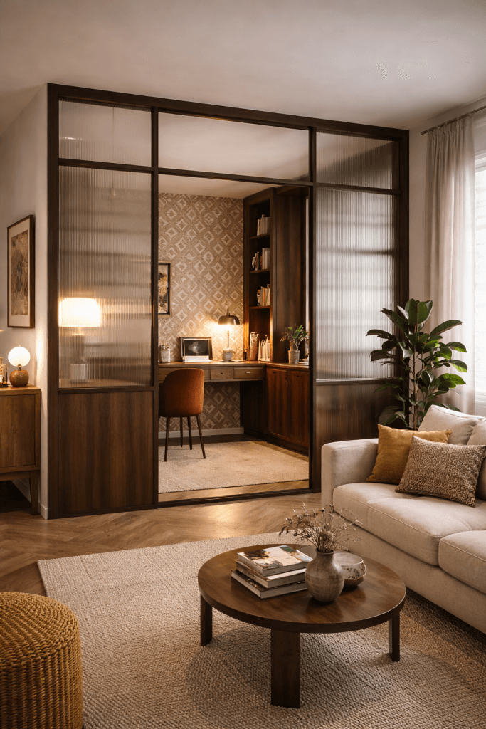 Bureau moderne dans un espace de vie chaleureux avec canapés et décorations élégantes.