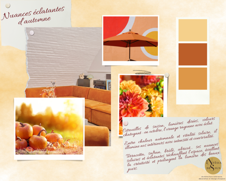Palette de couleurs chaudes avec photos de fleurs, canapés et parasol.
