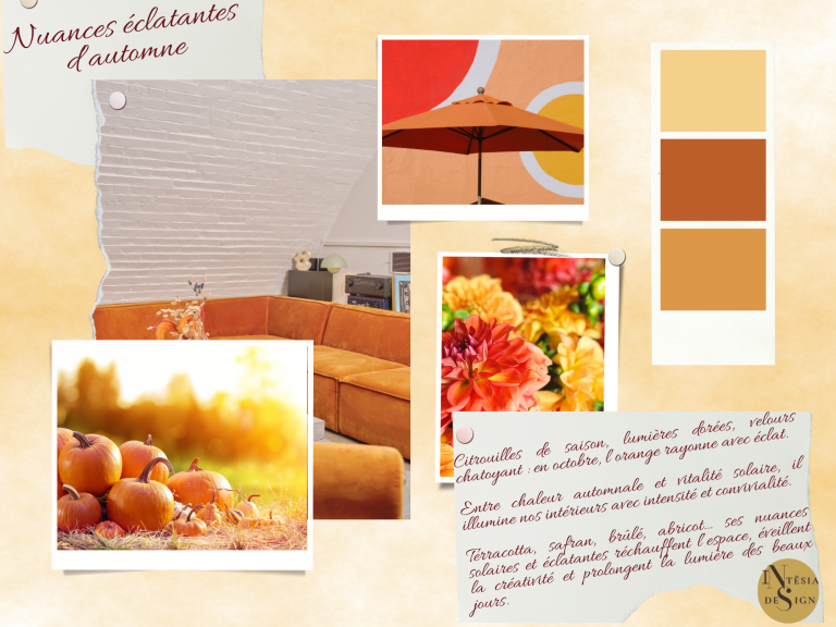 Palette de couleurs chaudes avec des fleurs, un parasol et une ambiance estivale.