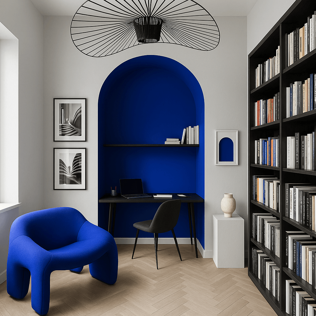 Bureau moderne avec mur bleu, étagère noire et fauteuil bleu au design original.