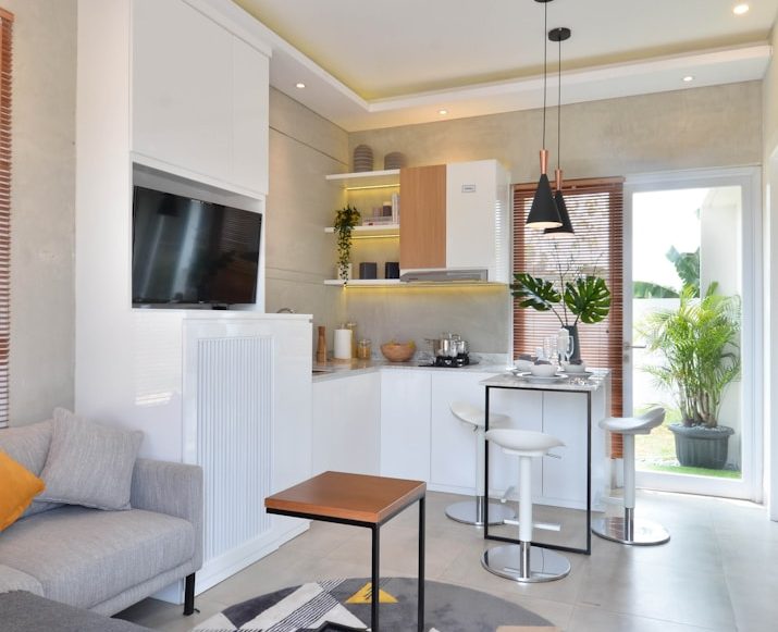 Salon moderne avec cuisine ouverte, mobilier contemporain et plantes d'intérieur.