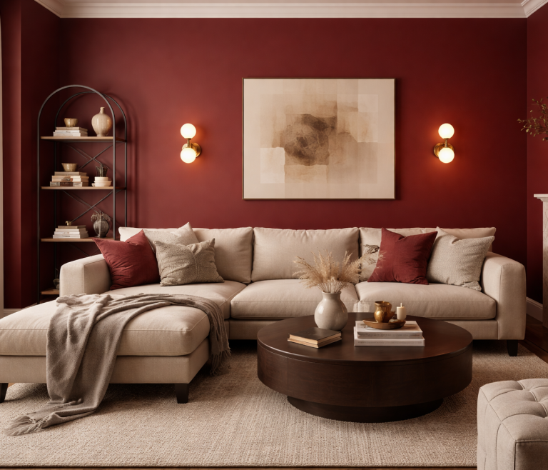 Salon cosy aux tonalités rouges - Intësia Design Vertou Salon moderne avec mur rouge, canapé clair, table basse en bois et éléments décoratifs.