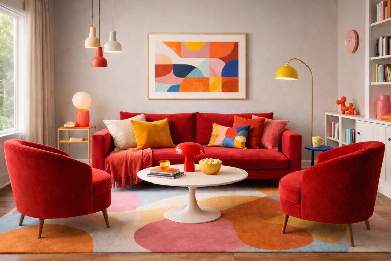 Salon ambiance pop art - Intësia Design Vertou Salon moderne avec canapé rouge, fauteuils assortis, table basse et décoration colorée.