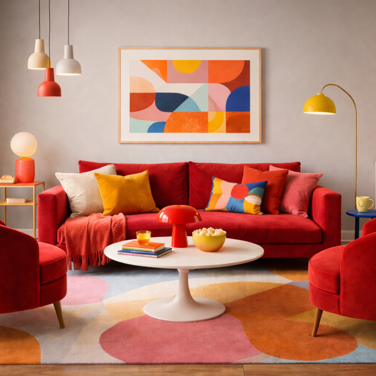 Aménagement salon rouge - Intësia Design Les Sorinières Salon moderne avec canapés rouges, objets colorés et une œuvre d'art abstraite.