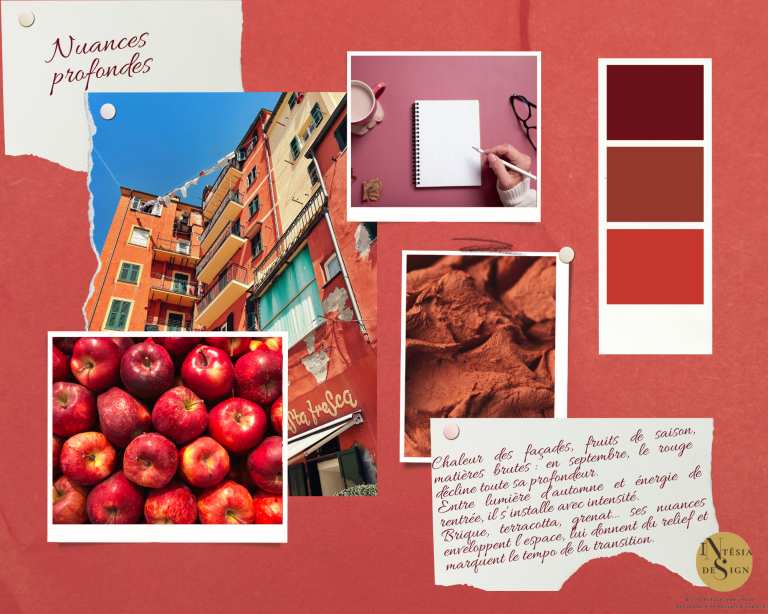 Collage de rouges : immeubles, pommes, papier et échantillons de couleurs.