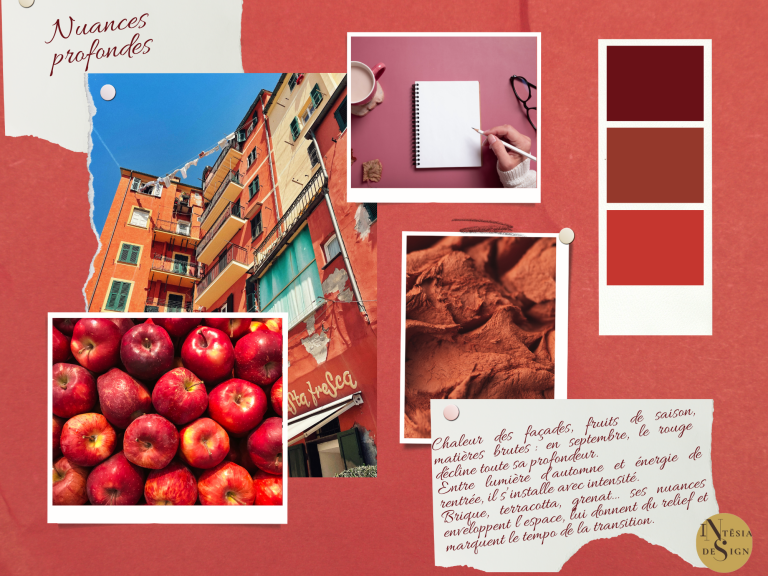 Collage de paysages avec des pommes rouges, un carnet et des échantillons de couleurs rouges.